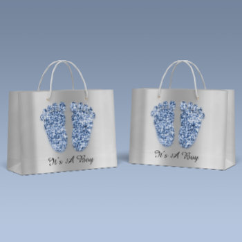 Baby Shower Feet It’s A Boy Blue Navy Silver Large Gift Bag by luxury_luxury at Zazzle