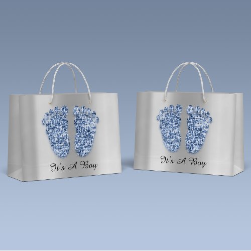 Baby Shower Feet Its A Boy Blue Navy Silver Large Gift Bag