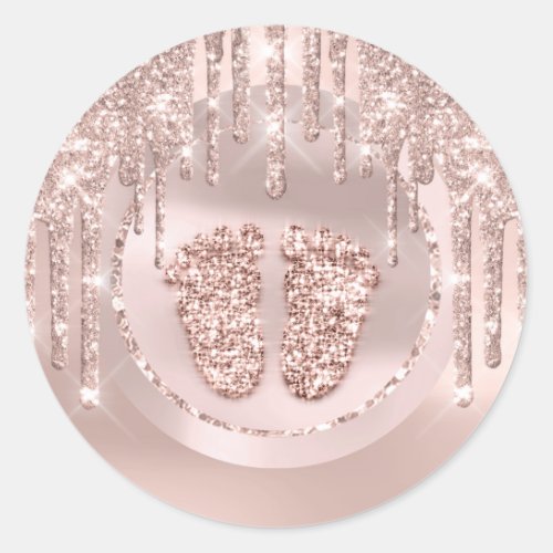 Baby Shower Feet Pink Lux Drips Rose Glitter Classic Round Sticker