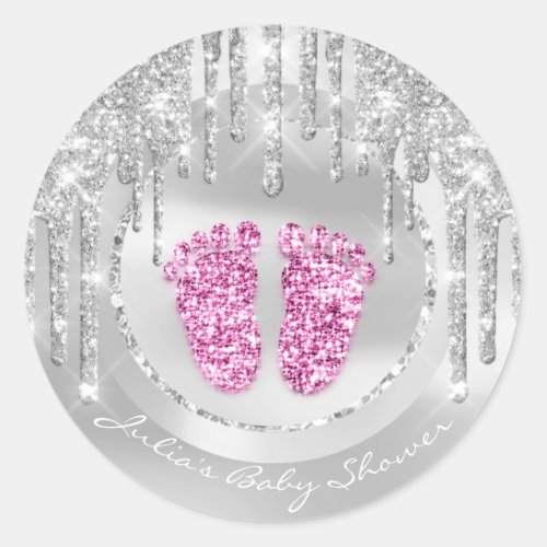 Baby Shower Feet Pink Name Drips Gray Glitter Classic Round Sticker