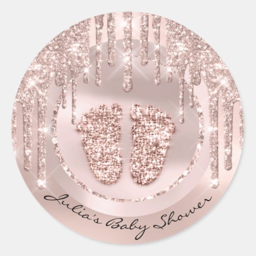 Baby Shower Feet Pink Name Drips Rose Glitter Classic Round Sticker