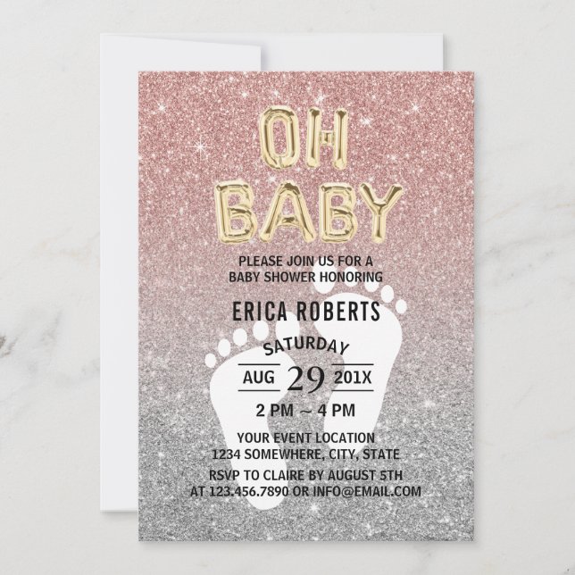 Baby Shower Feet Print Rose Gold & Silver Glitter Invitation (Front)