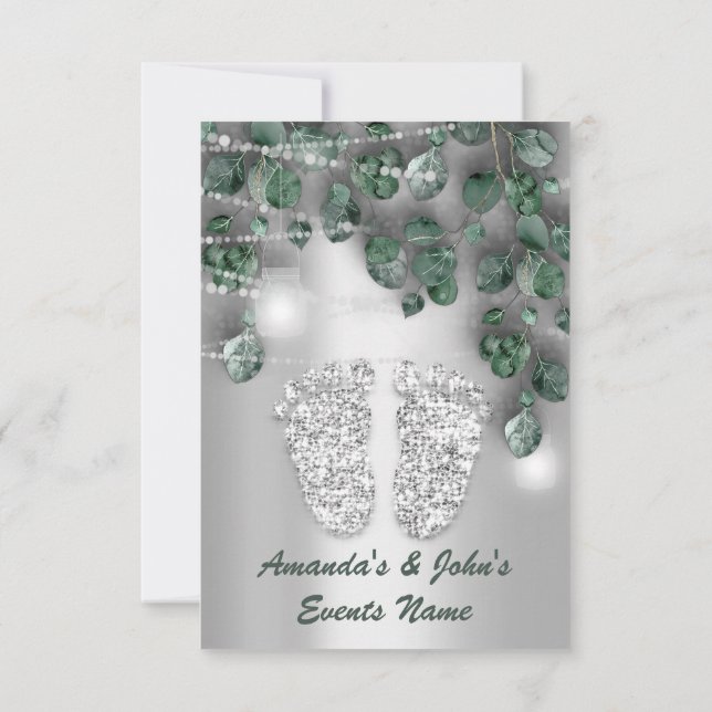 Baby SHOWER Feet  Rustic Green Gray  Girl Boy Invitation (Back)