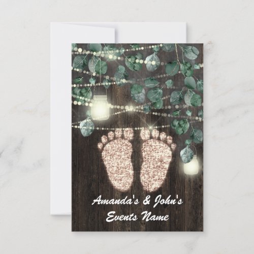 Baby SHOWER Feet  Rustic Green Wood Rose GOLD Invitation