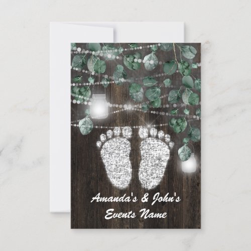 Baby SHOWER Feet  Rustic Green Wood Silver Invitation