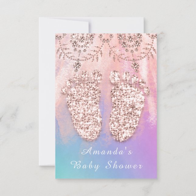 Baby Shower Feet Silver Girl Boy Royal Rose Pink Invitation (Back)