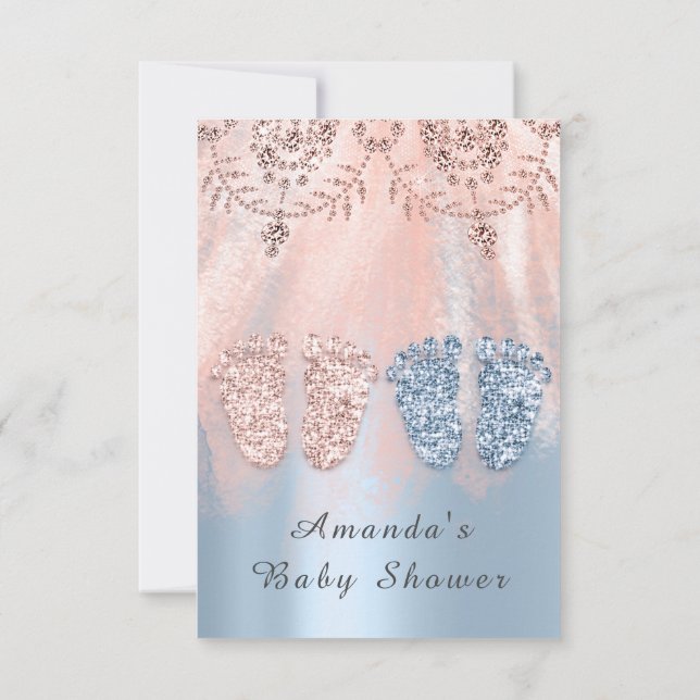 Baby Shower Feet Silver Girl Boy Royal Twins Invitation (Back)