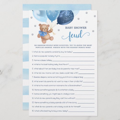 Baby Shower Feud Game Blue And Silver Teddy Bear 