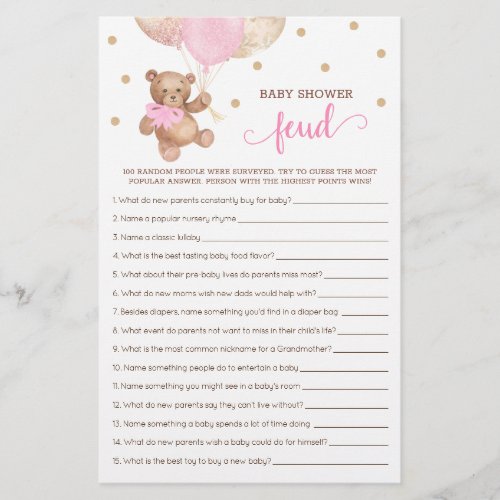 Baby Shower Feud Game Pink And Gold Teddy Bear 