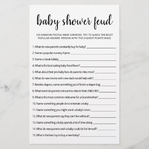 Baby Shower Feud game with Answers