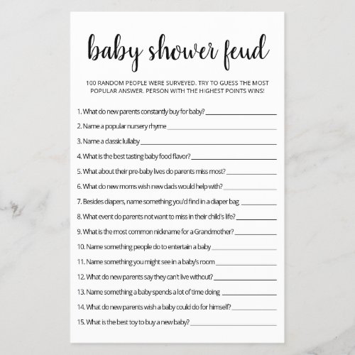 Baby Shower Feud game with Answers