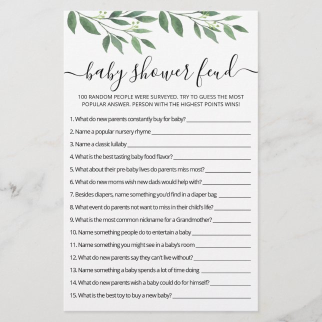 Baby Shower Feud game with Answers (Front)