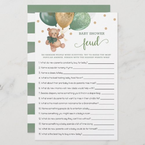 Baby Shower Feud Game With Answers Teddy Bear 