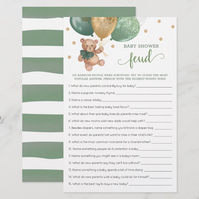 Baby Shower Feud Game With Answers Teddy Bear  (Front/Back)
