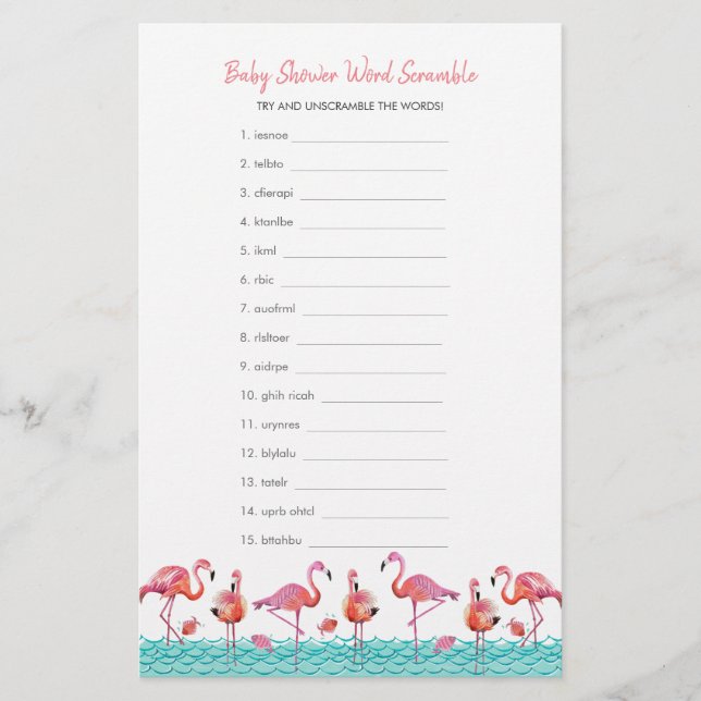 Baby Shower | Flamingo | Word Scramble | Flyer Stationery (Front)