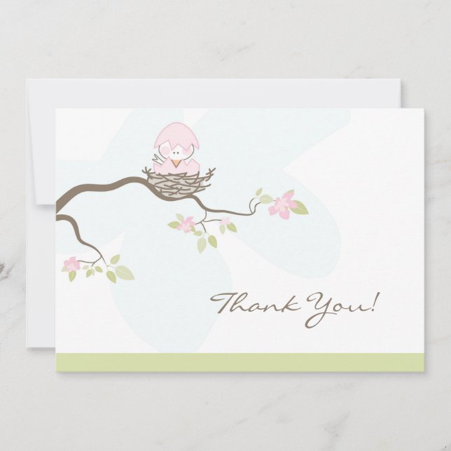 Baby Shower Flat Thank You Card - Pink  Baby Bird (Front)