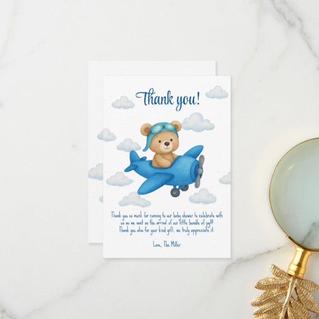 Baby Shower Flat Thank You Card with Teddy Bear (Front/Back In Situ)
