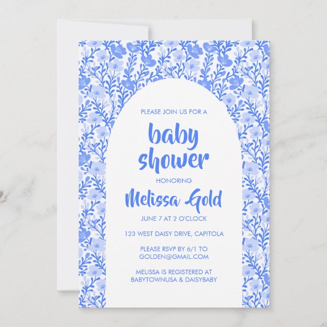 BABY SHOWER Floral Arch Blue Flower Pattern CUSTOM Invitation (Front)