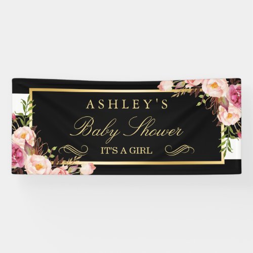 Baby Shower Floral Black White Stripes 25 x 6 Banner