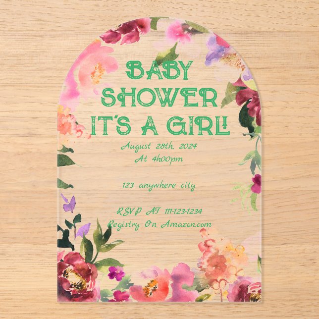 BABY SHOWER FLORAL BLUSH ACRYLIC INVITATIONS (Front)