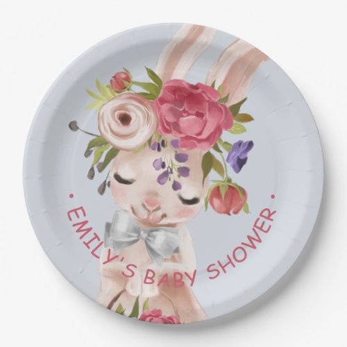 Baby Shower Floral Bunny Rabbit Cute Modern Paper Plates