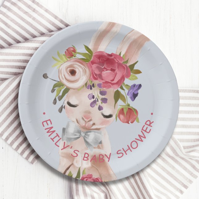 Baby Shower Floral Bunny Rabbit Cute Modern Paper Plates (Creator Uploaded)