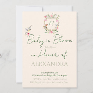  Baby Shower Floral Crest Monogram Gender Neutral Invitation