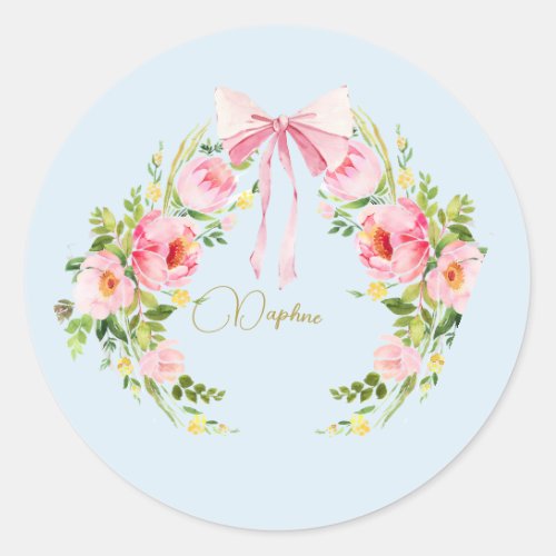 Baby Shower Floral Crest Regency Bow Pink Blue  Classic Round Sticker
