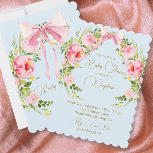 Baby Shower Floral Crest Regency Bow Pink Blue  Invitation