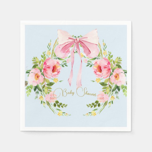 Baby Shower Floral Crest Regency Bow Pink Blue  Napkins (Front)