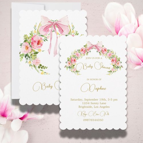 Baby Shower Floral Crest Regency Bow Pink Invitation