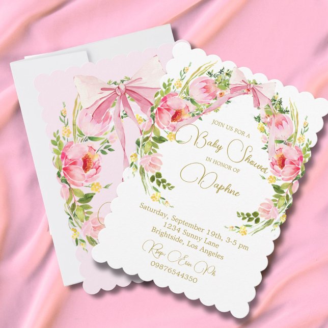 Baby Shower Floral Crest Regency Pink Bow  Invitation (Creator Uploaded)