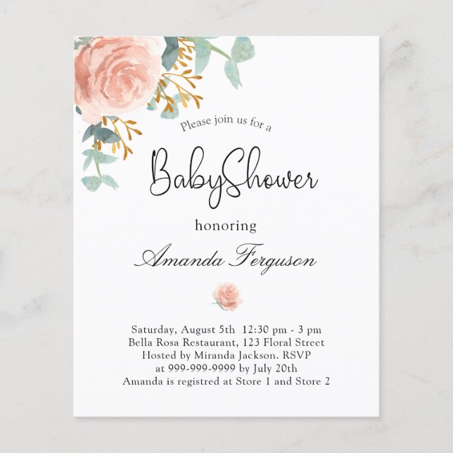 Baby Shower floral eucalyptus budget invitation (Front)