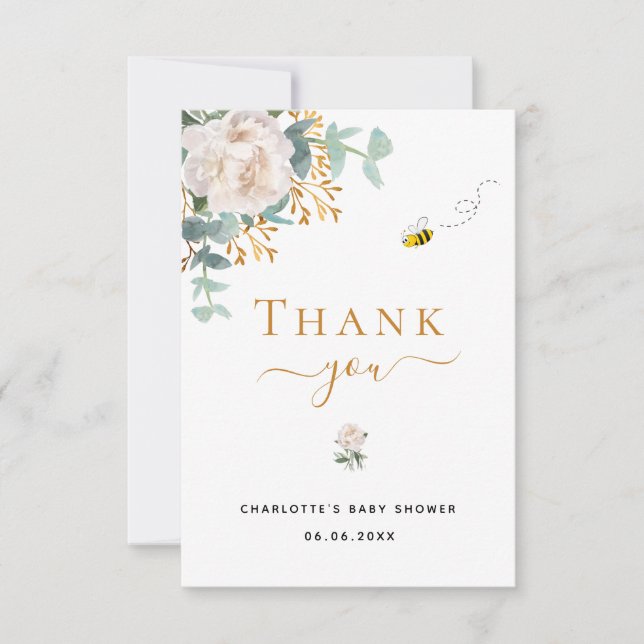 Baby Shower floral eucalyptus greenery bee elegant Thank You Card (Front)