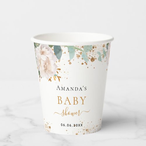 Baby Shower floral eucalyptus greenery glitter Paper Cups