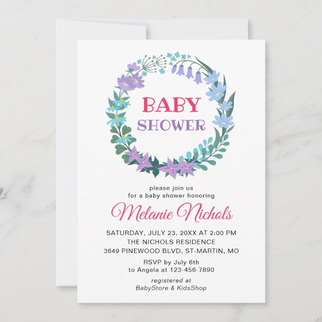 Baby Shower Floral Greenery Wreath Bluebell Lilac Invitation (Front)