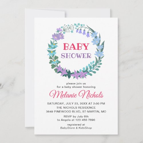 Baby Shower Floral Greenery Wreath Bluebell Lilac Invitation
