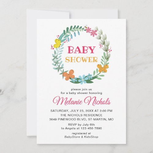 Baby Shower Floral Greenery Wreath Butterfly Bee Invitation