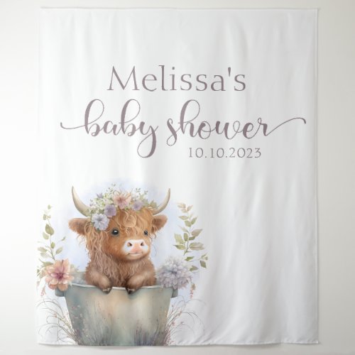 Baby Shower floral highland cow Backdrop 