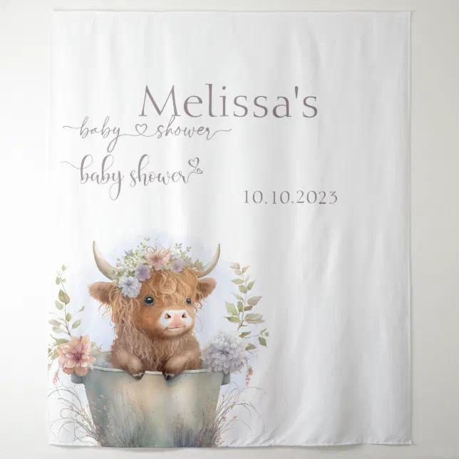 Baby Shower floral highland cow Backdrop | Zazzle