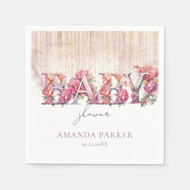 Baby Shower Floral Letters Pink Gold Personalized Napkins (Front)