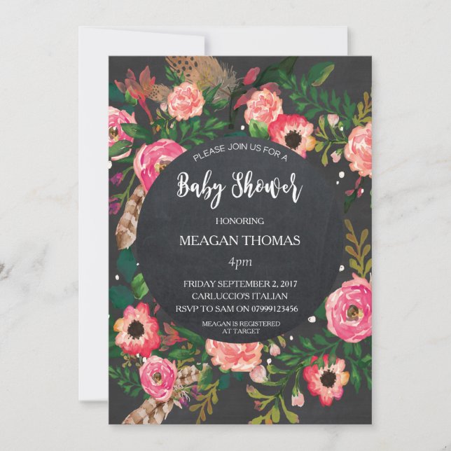 Baby shower floral modern chalkboard feather invitation (Front)