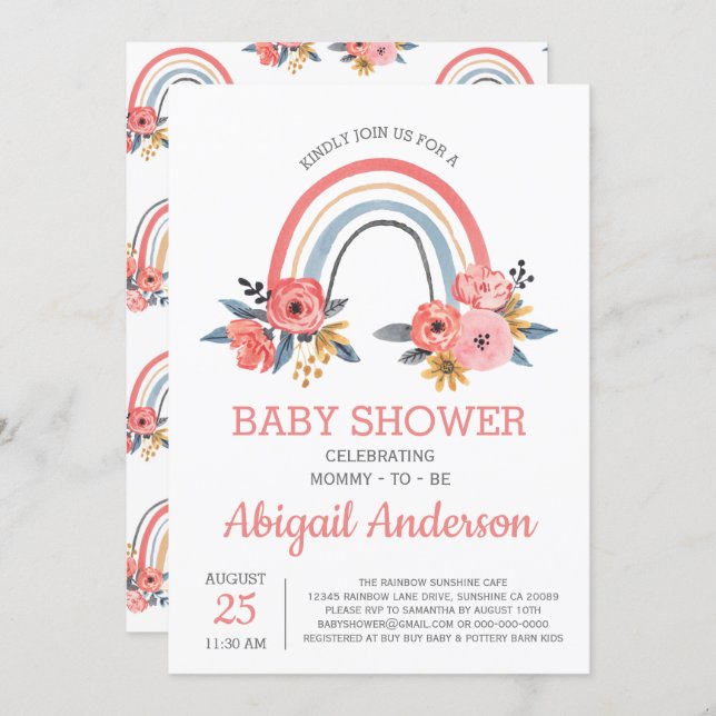 Baby Shower Floral Modern Elegant Rainbow Invitation (Front/Back)