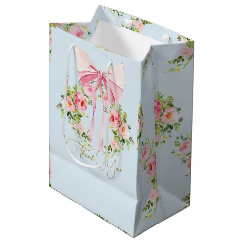 Baby Shower Floral Pattern Crest Regency Bow Blue  Medium Gift Bag