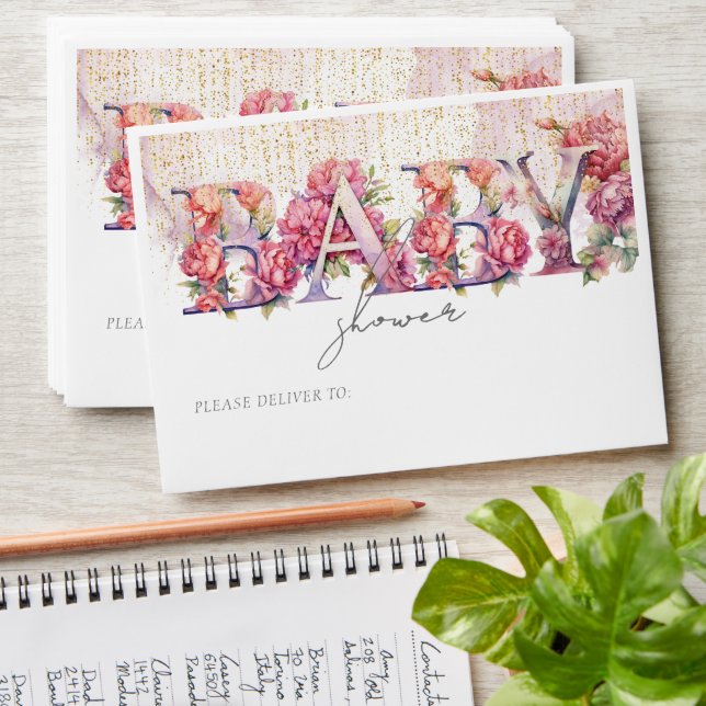 Baby Shower Floral Pink Gold Glitter  Envelope (Stacked)