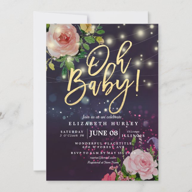 Baby Shower Floral Purple Sparkle String Lights Invitation (Front)
