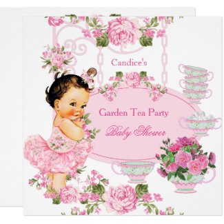 Baby Shower Floral Rose Tea Party Pink Brunette Invitation