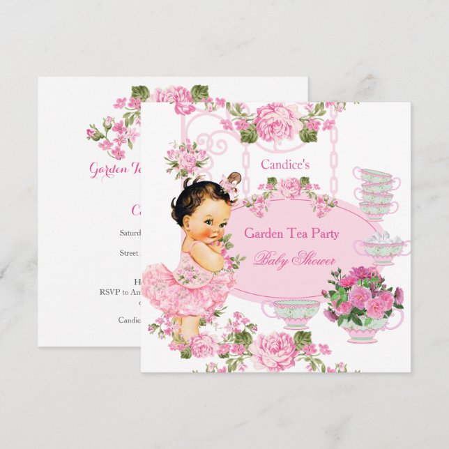 Baby Shower Floral Rose Tea Party Pink Brunette Invitation (Front/Back)