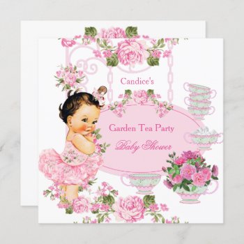 Baby Shower Floral Rose Tea Party Pink Brunette Invitation by VintageBabyShop at Zazzle
