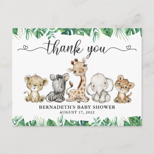 Baby Shower Floral Safari Animals Thank You Postcard
